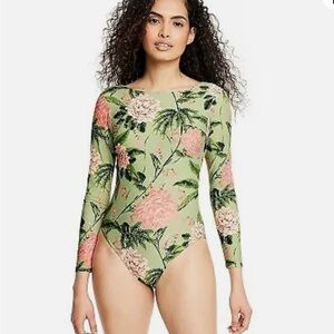 Women's 1X Peony Print Long Sleeve Medium Coverage One Piece Swimsuit